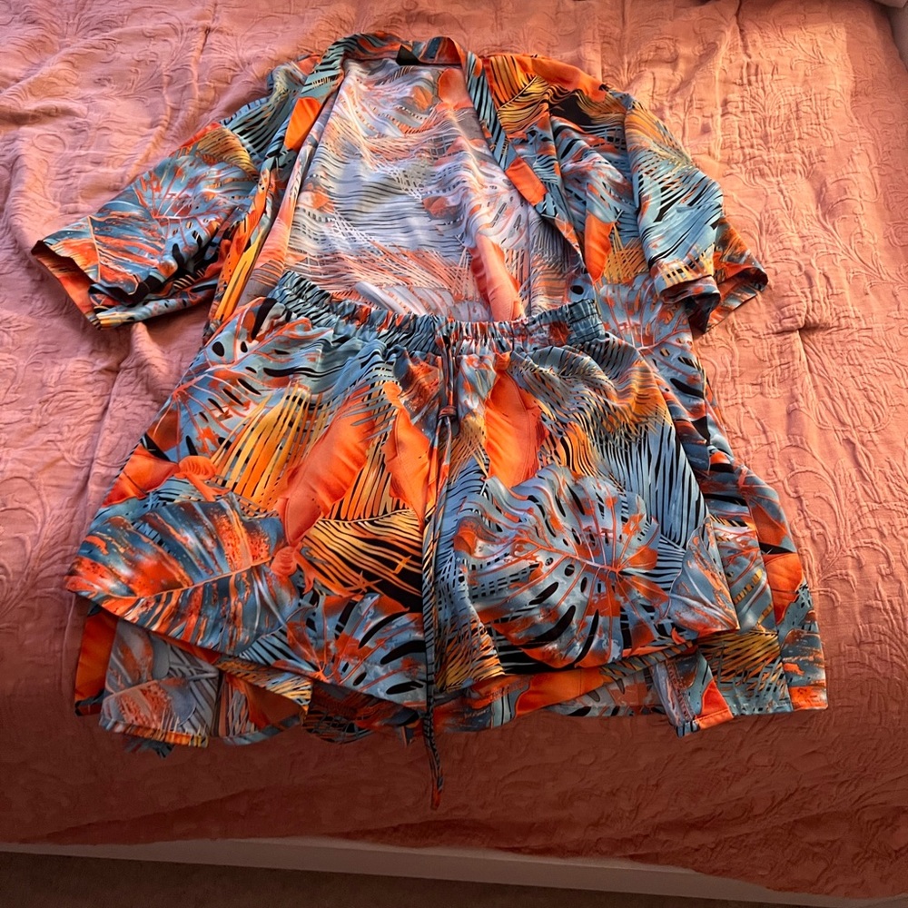 SHEIN Blue & Orange Beach Cover Up & Shorts Set